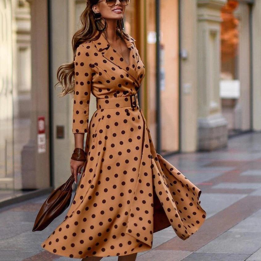 Casaul Fashion Long Sleeves Dot Long Dresses-STYLEGOING