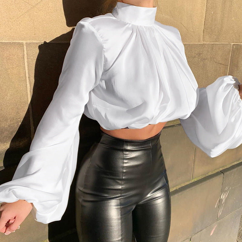 Casual High Neck Women Puff Sleeves Tops