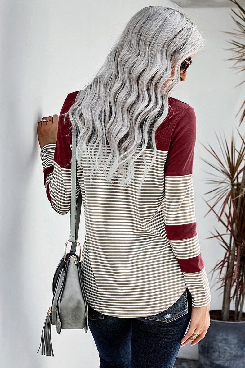 Women Striped Long Sleeves T Shirts-STYLEGOING