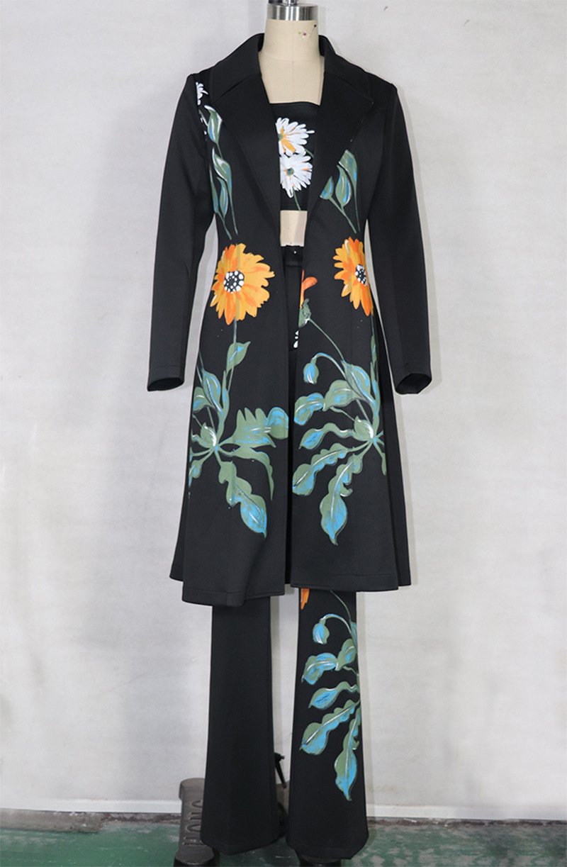 Classy Daisy Print Trenchcoat and Pants Suits-STYLEGOING