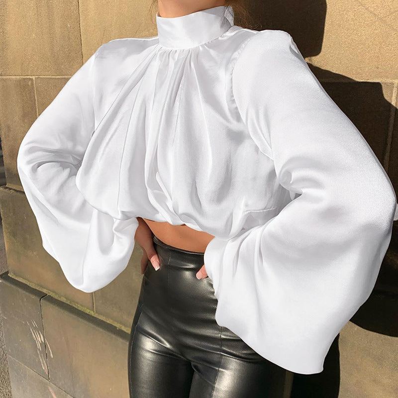 Casual High Neck Women Puff Sleeves Tops