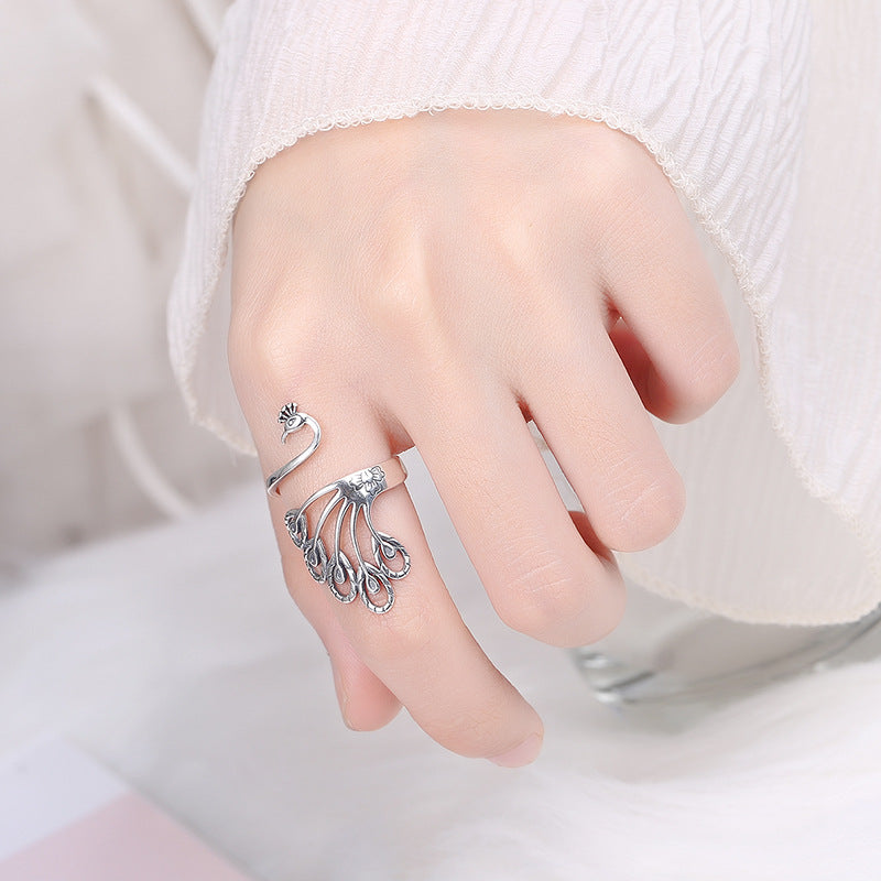 Vintage Open End Peacock Design Sliver Rings for Women