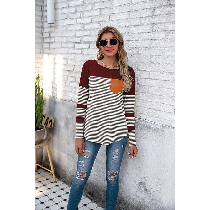 Women Striped Long Sleeves T Shirts-STYLEGOING