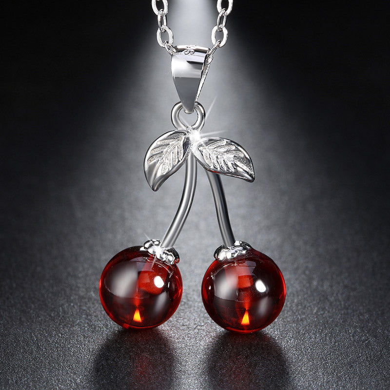 Agate Cherry Design Sterling Sliver Necklace