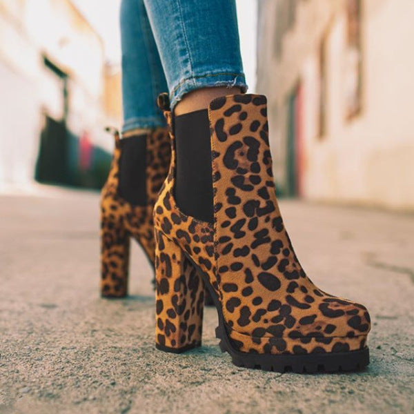 Women Sexy Leopard Print Platform Chunky High Heel Boots