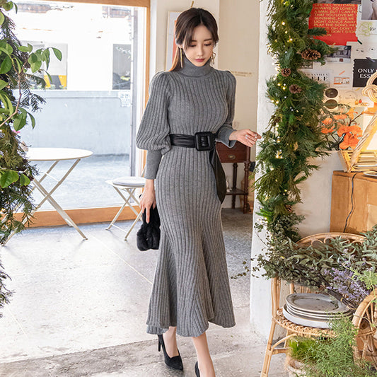 Casual Turtleneck Winter Long Knitting Dresses for Women with Belt