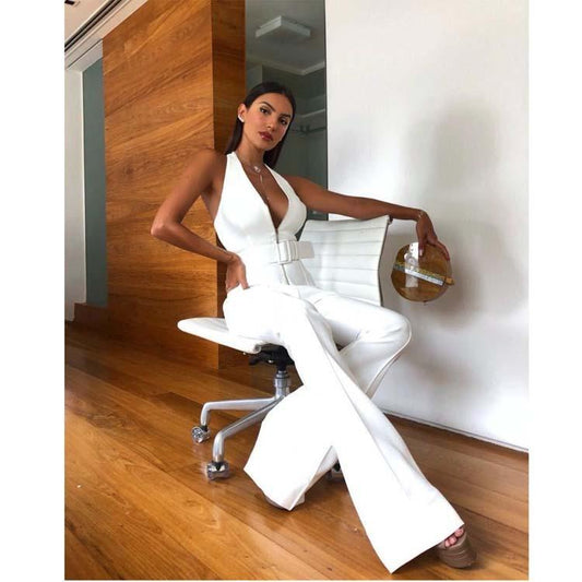 White Classy Sleeves Belt Jumpsuits-STYLEGOING