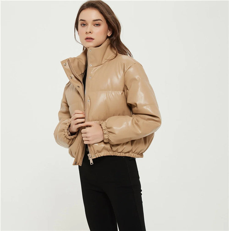 Casual Pu Leather High Neck Women Cotton Jacket Overcoat