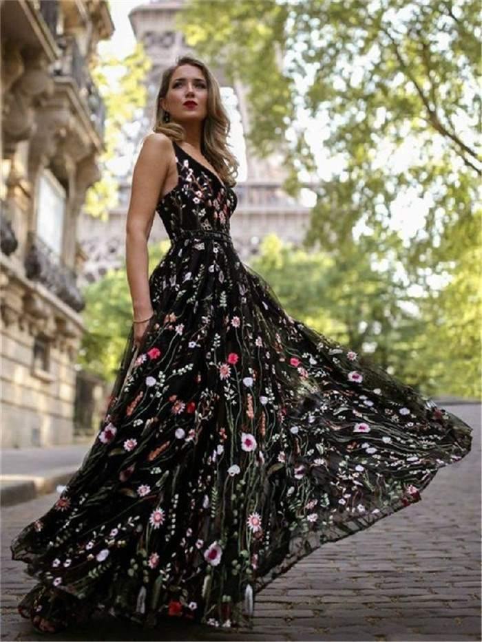 Black Floral Print V-neck Long Maxi Dresses-STYLEGOING