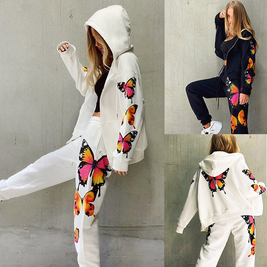 Butterfly Design Zipper Hoodies Women Suits