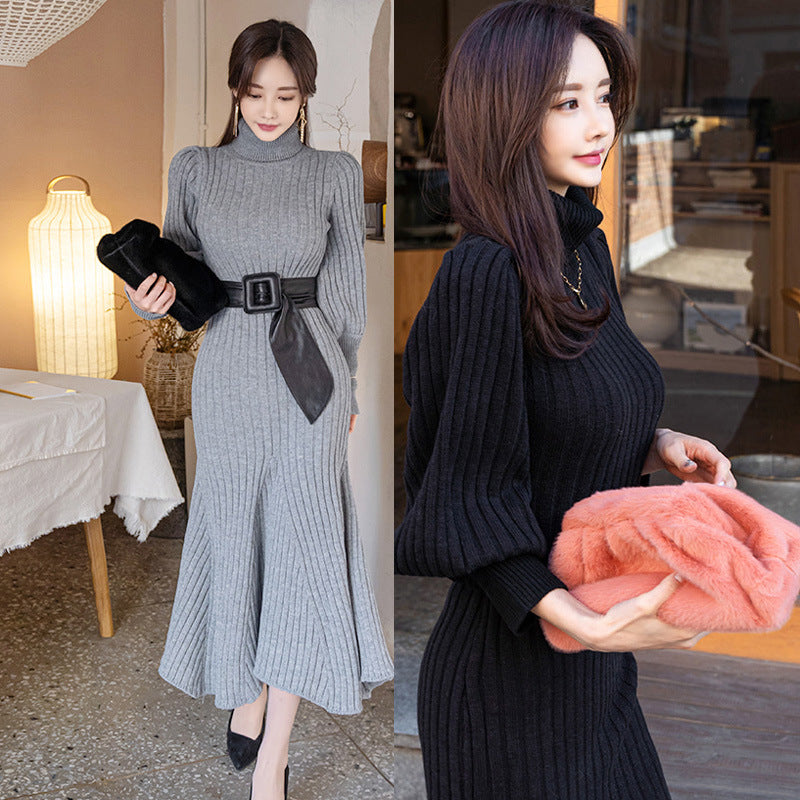 Casual Turtleneck Winter Long Knitting Dresses for Women with Belt