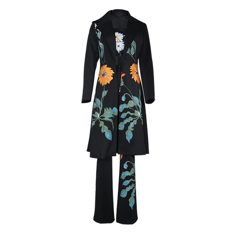 Classy Daisy Print Trenchcoat and Pants Suits-STYLEGOING