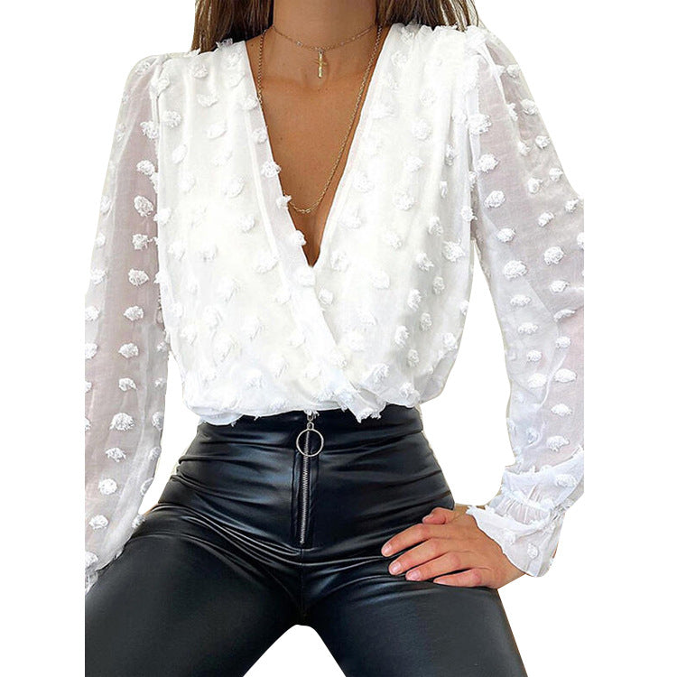 Women V Neck Long Sleeves Chiffon Blouses