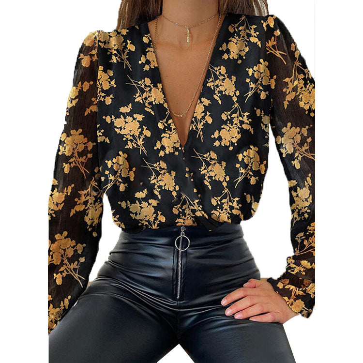 Women V Neck Long Sleeves Chiffon Blouses