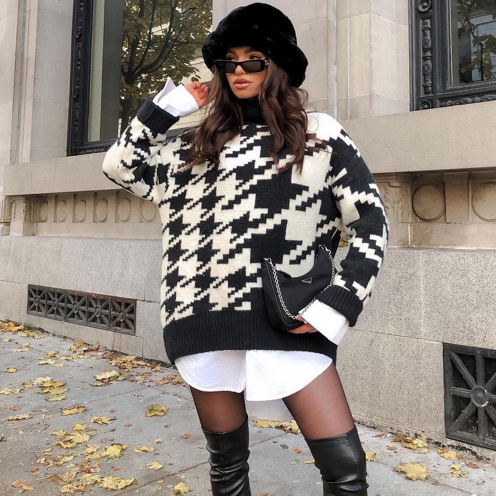 Casual Knitting Plaid Women Hoody Sweaters