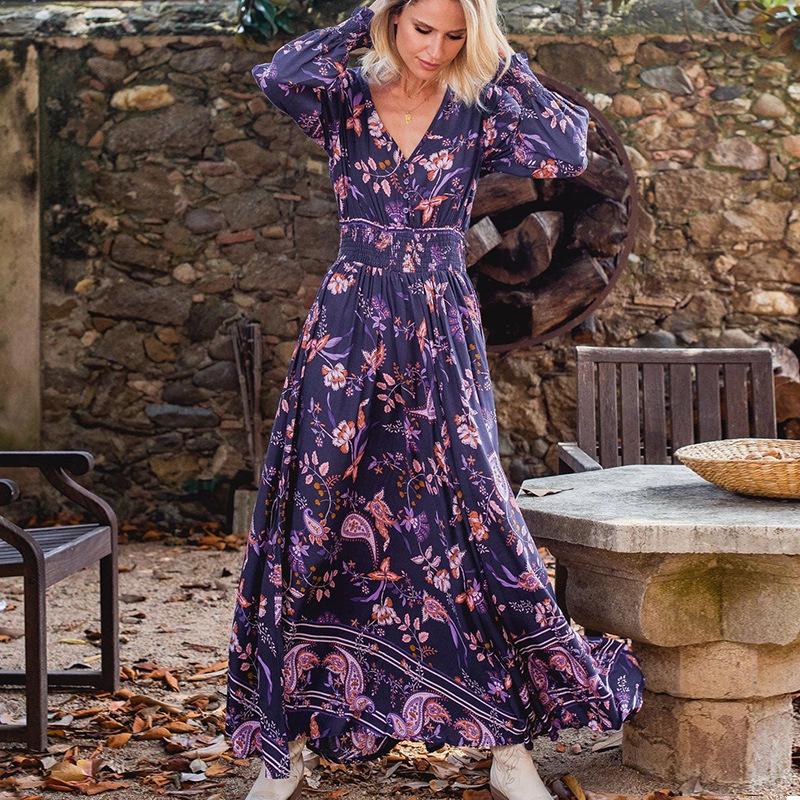 Fall Long Sleeves Floral Print Long Dresses-STYLEGOING