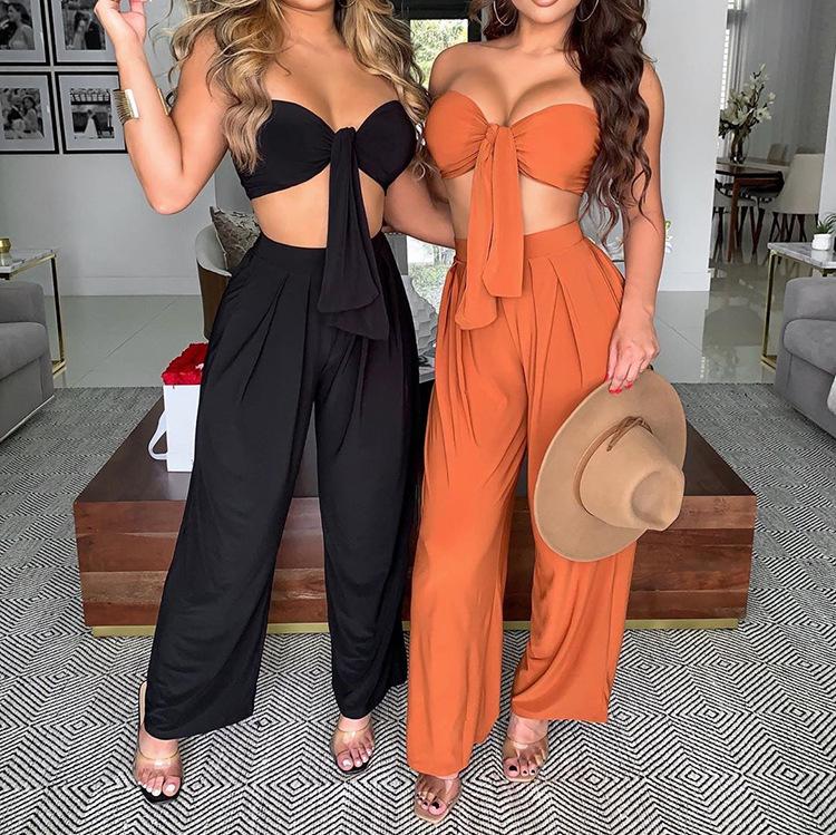 Sexy Women Strapless Tops+loose Pants Suits-STYLEGOING