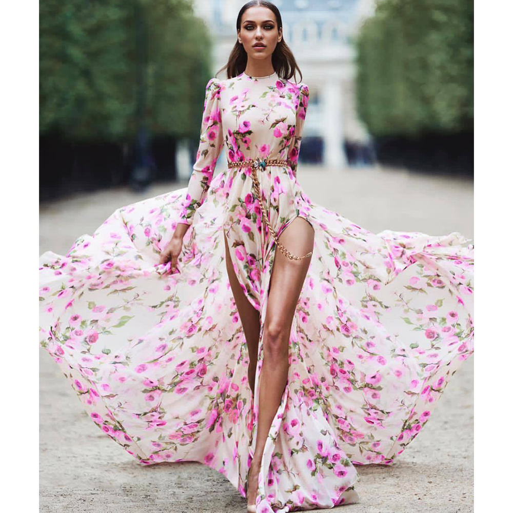 Front Split Floral Print Long Maxi Dresses-STYLEGOING