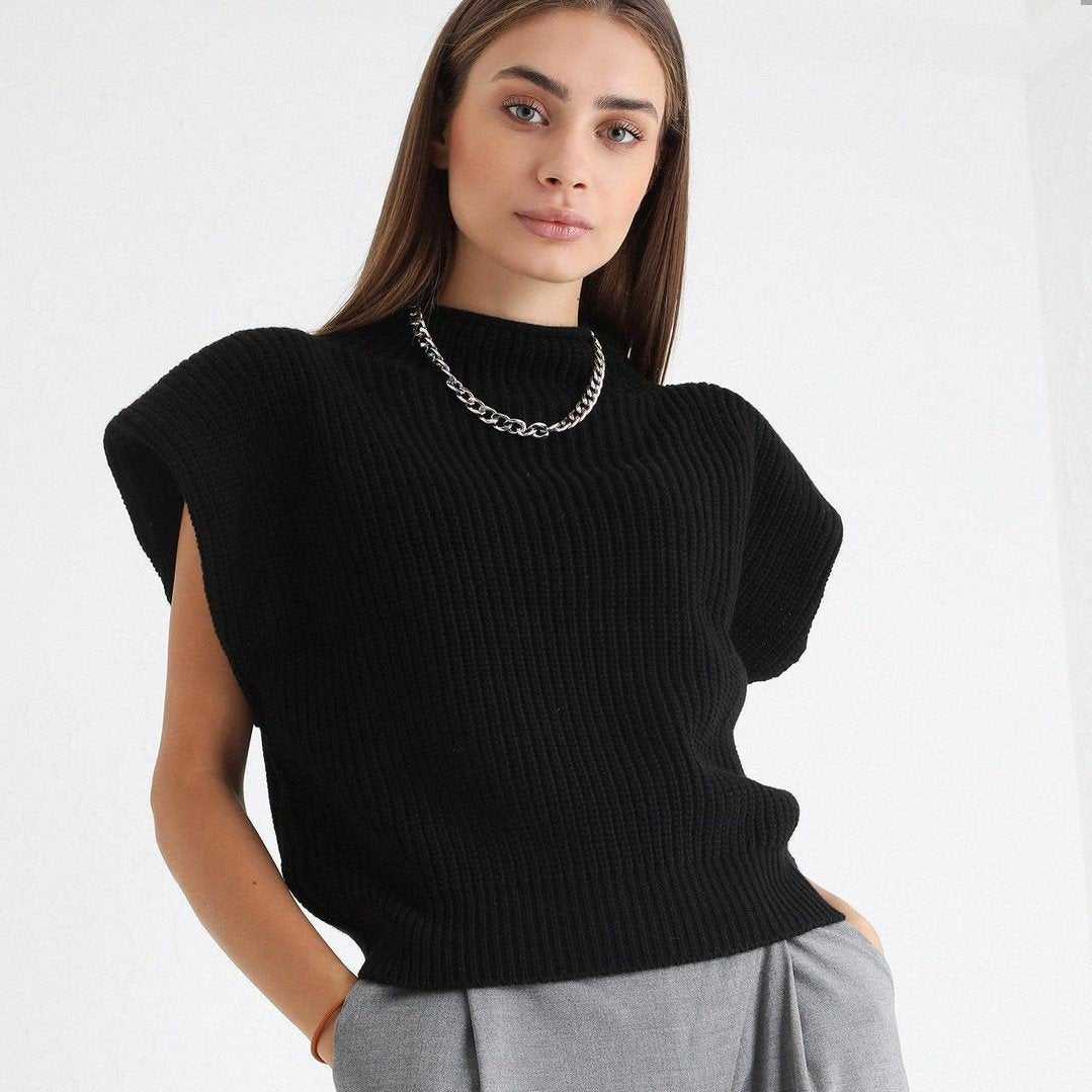 Women High Neck Sleeveless Knitting Top Sweaters