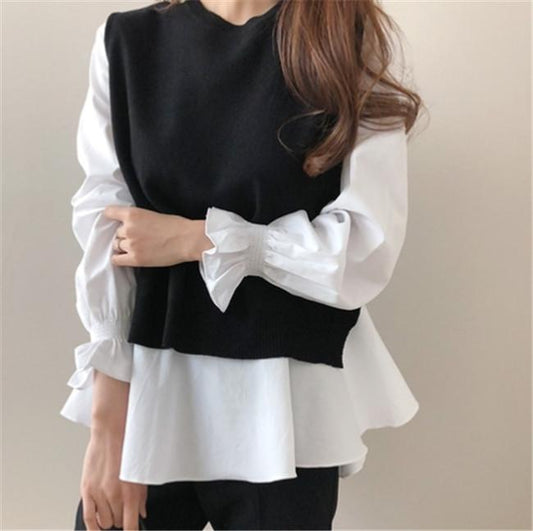Women Knitting Vest and Long Sleeves Shirts Sets