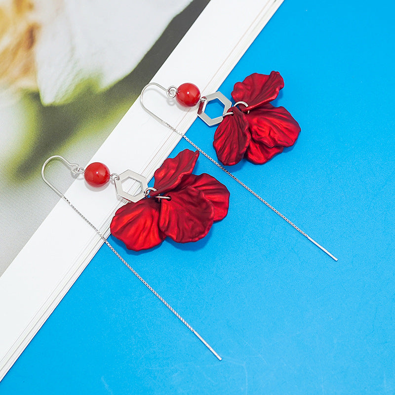 Red Petal Design Women Sterling Silver Dangle Earrings