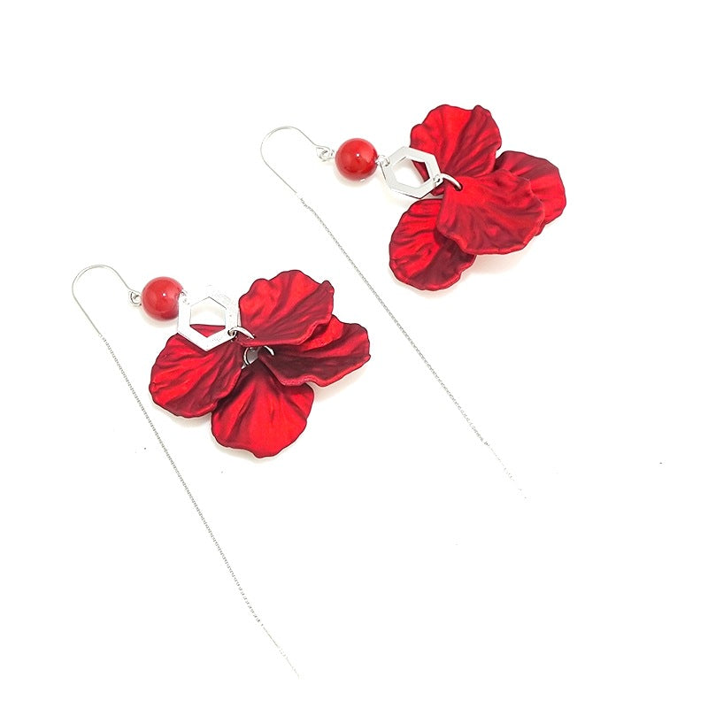 Red Petal Design Women Sterling Silver Dangle Earrings