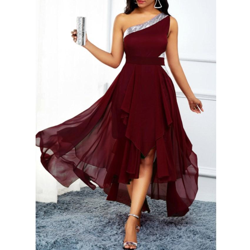 Women One Shoulder Irregular Long Dresses-Wine Red-S-Free Shipping at meselling99