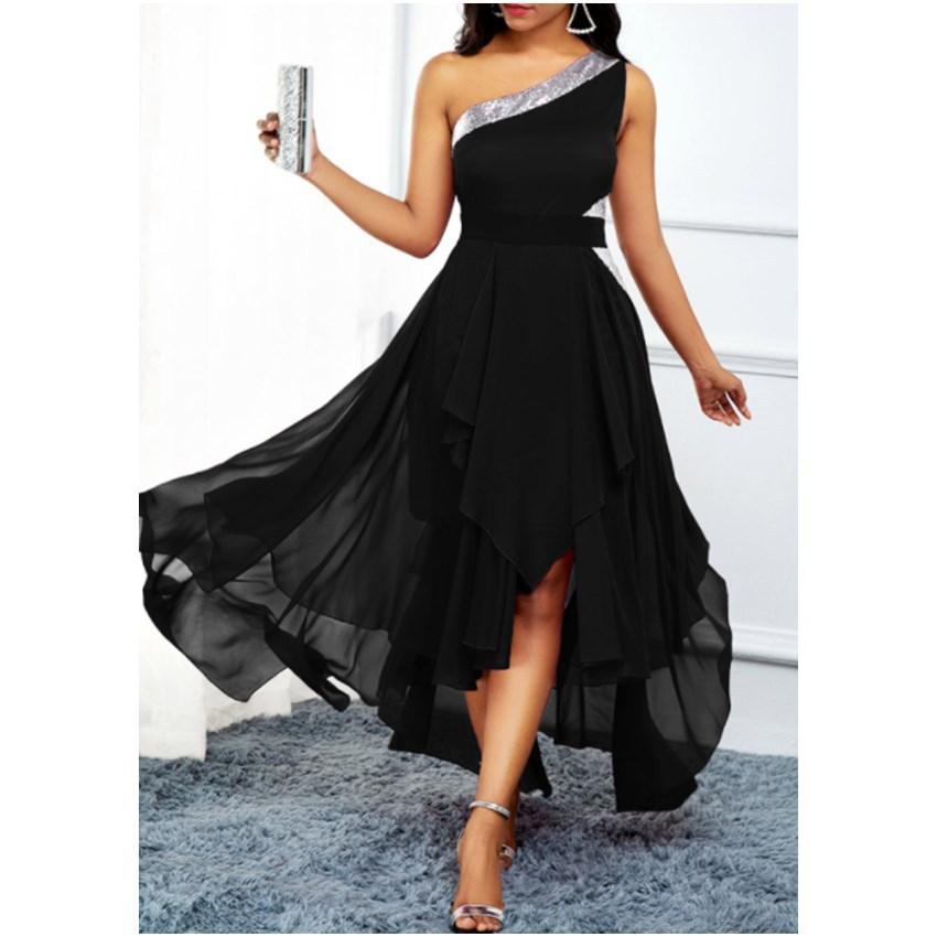 Women One Shoulder Irregular Long Dresses-Black-S-Free Shipping at meselling99