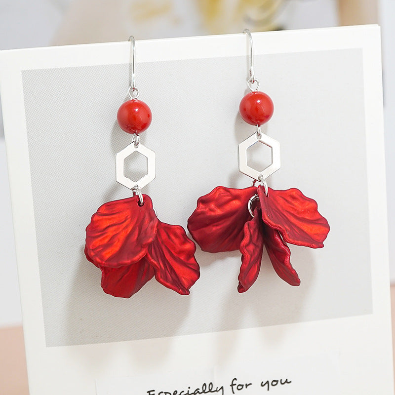 Red Petal Design Women Sterling Silver Dangle Earrings