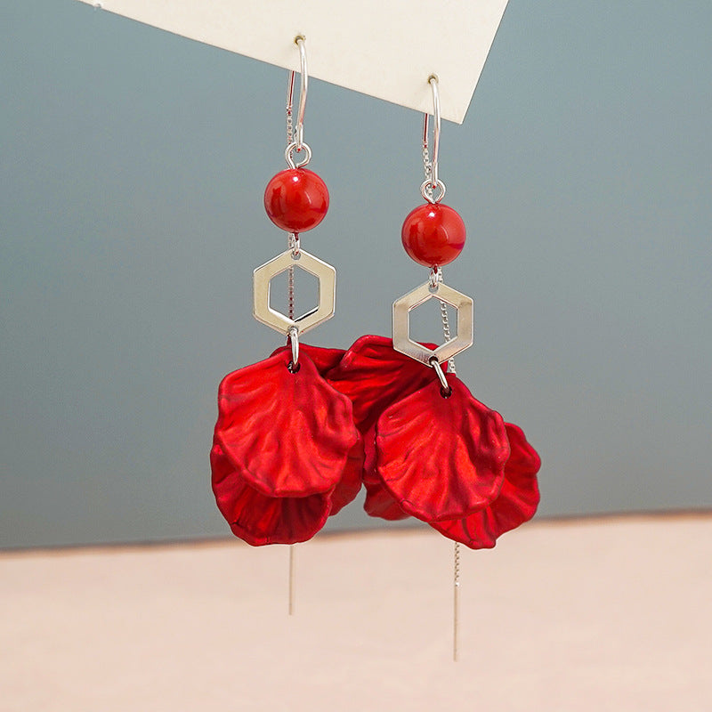 Red Petal Design Women Sterling Silver Dangle Earrings