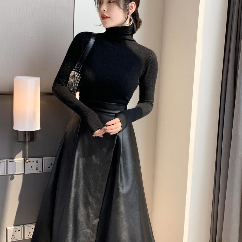 Black Winter High Waist Leather A Line Skirt