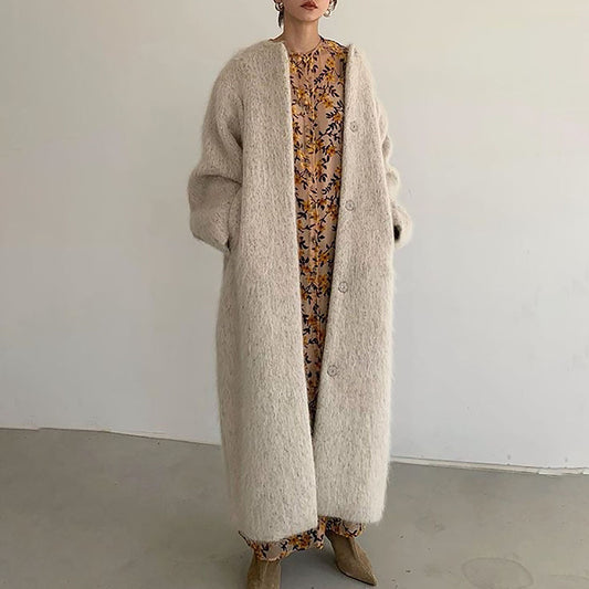 Women Knitting Winter Long Cozy Apricot Overcoat