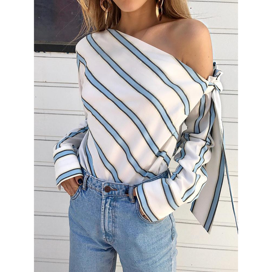 Long Sleeves One Shoulder Striped Shirts-STYLEGOING