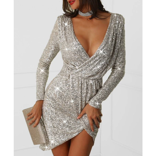 Sexy Deep V Neck Sequined Mini Party Dresses