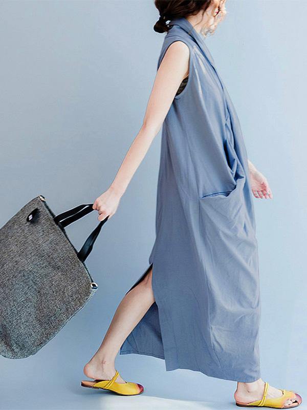 Loose Gray-blue Cropped Pockets Long Dress-STYLEGOING