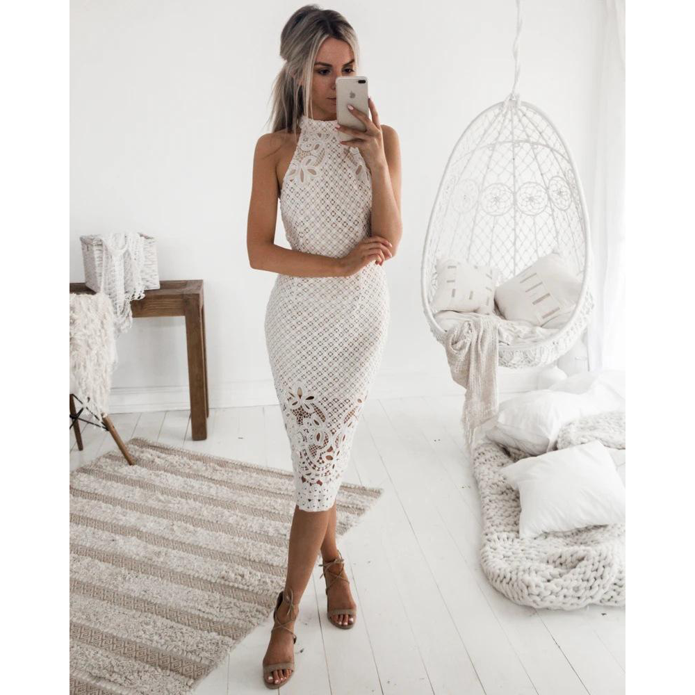 Sleeveless High Neck Bodycon Lace Dresses-STYLEGOING