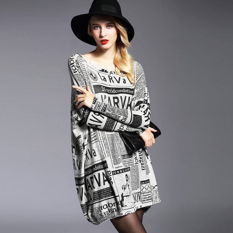 Women Newpaper Print Knitting Pullover Sweaters