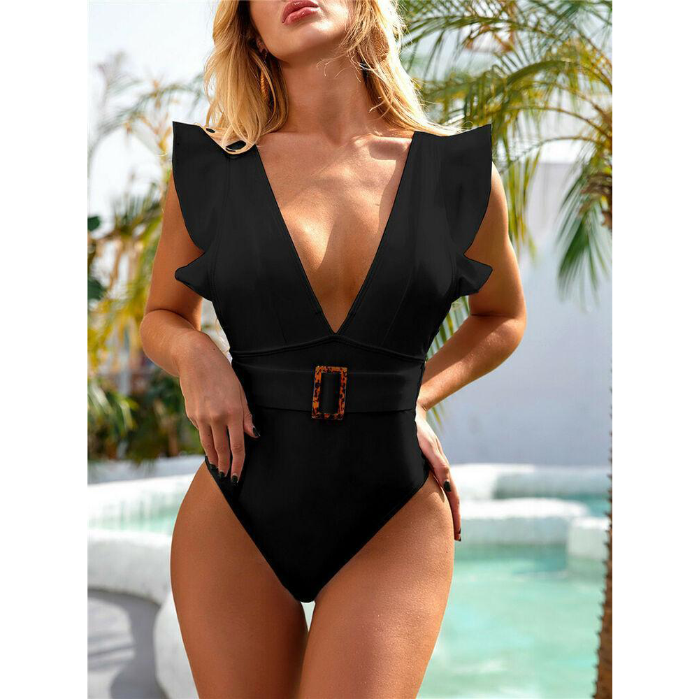 Sexy Solid Falbala Bikini with Buckle-STYLEGOING