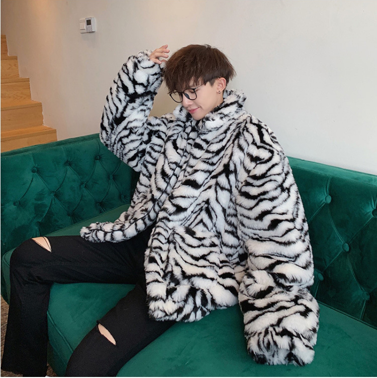 Casual Vintage Artificial Fur Tiger Print Overcoat for Men