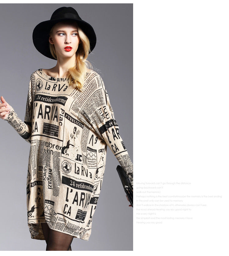 Women Newpaper Print Knitting Pullover Sweaters