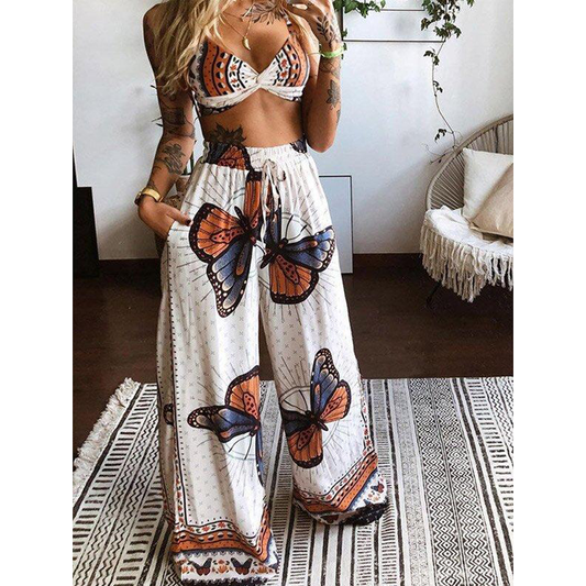 Two-Piece Butterfly Bare Midriff Wide Leg Suit-STYLEGOING