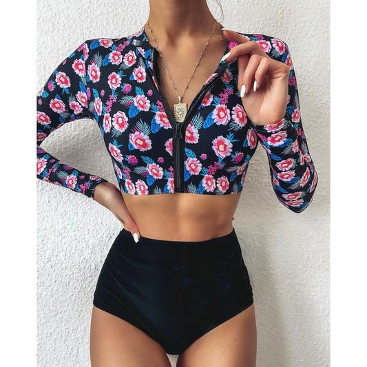 Long Sleeve High Waist Flower Zippered Swimsuit-STYLEGOING