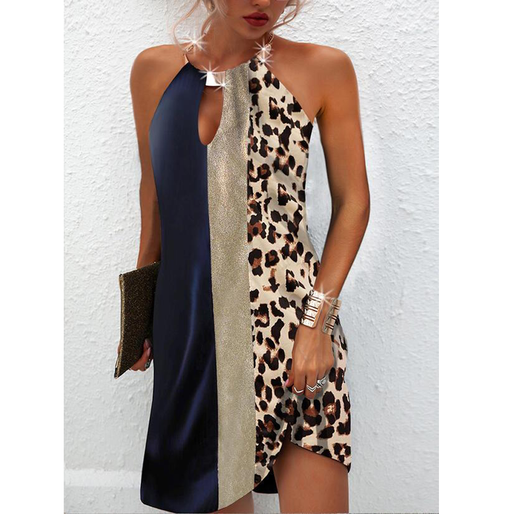 Sexy Women Leopard Backless Halter Mini Dresses-STYLEGOING