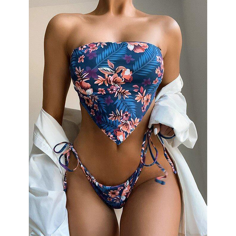 New Floral Bandage Bandeau Tie Side Split Bikini-STYLEGOING