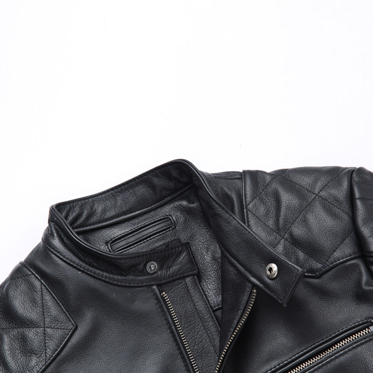 Fashion Stand Collar Cowhide Leather Jacket Coats for Men