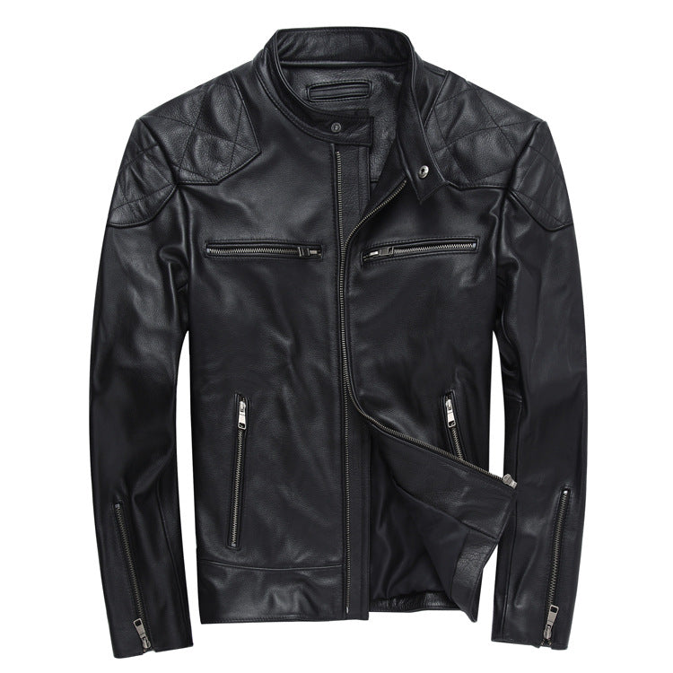 Fashion Stand Collar Cowhide Leather Jacket Coats for Men