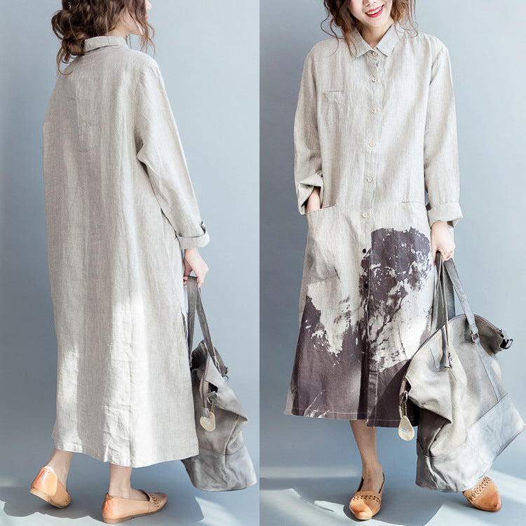 Vintage Long Sleeves Water and Mountain Painting Plus Sizes Long Shirts Dresses