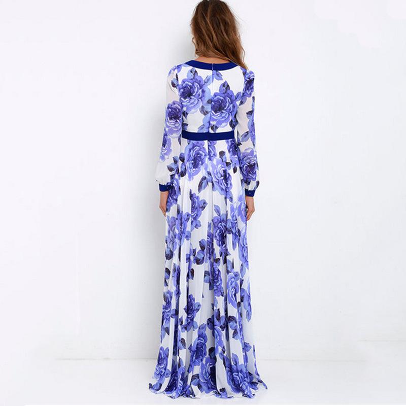 Blue Floral Print V Neck Long Maxi Dresses-STYLEGOING