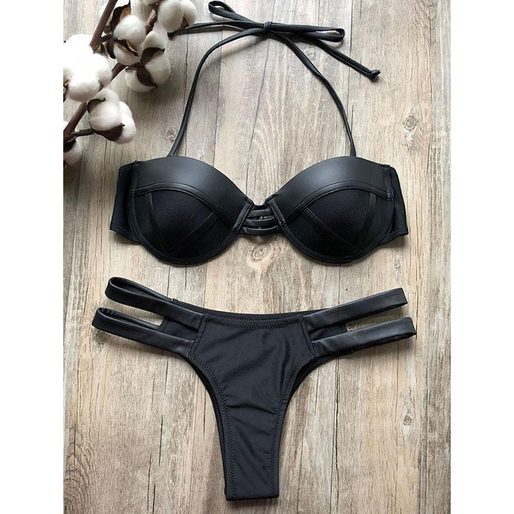 Plain Lace-Up Balconette Bikini Swimsuit-STYLEGOING