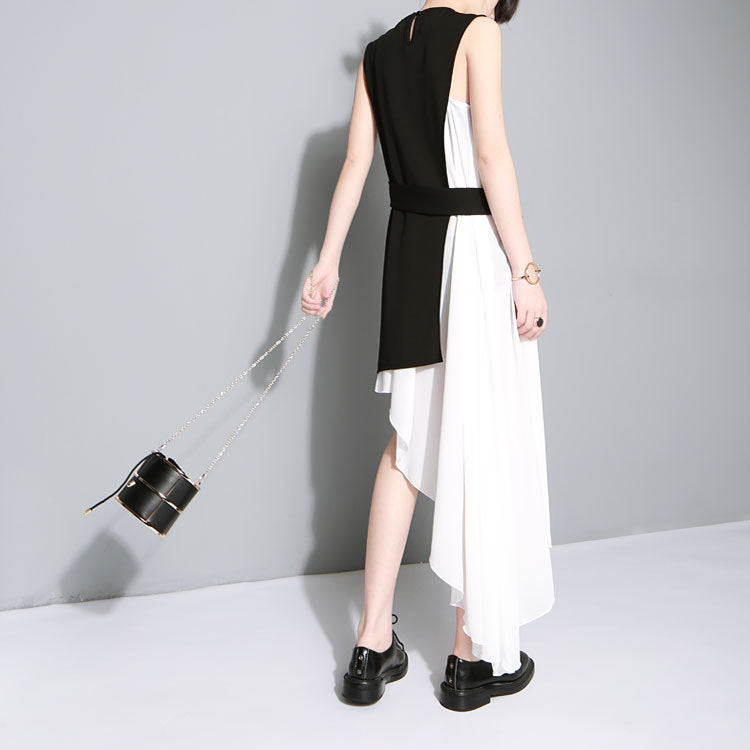 Black Whiter Irregular White Dress and Black Vest Set for Women